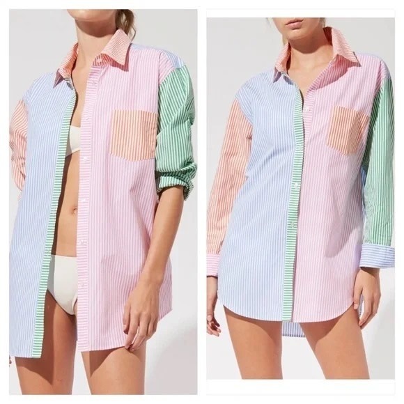 SOLID & STRIPED Tops - Solid & Striped Multi-Stripe Oxford Tunic NWT Small Colorblock Button-Up Shirt